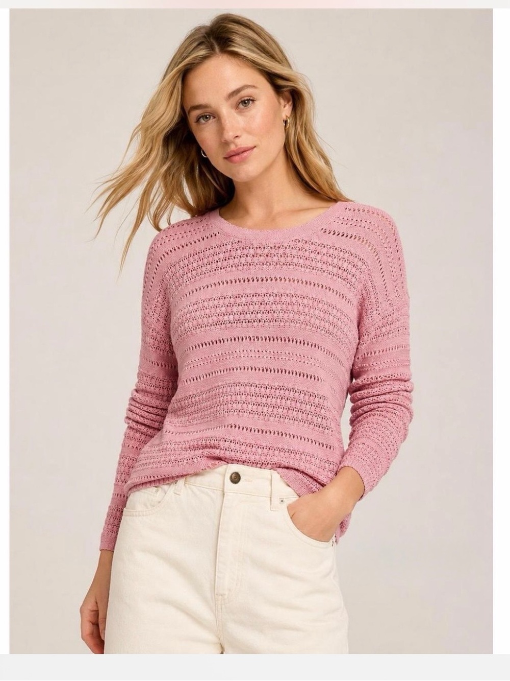 J. Jill Soft Pink Open-Stitch Crewneck Sweater